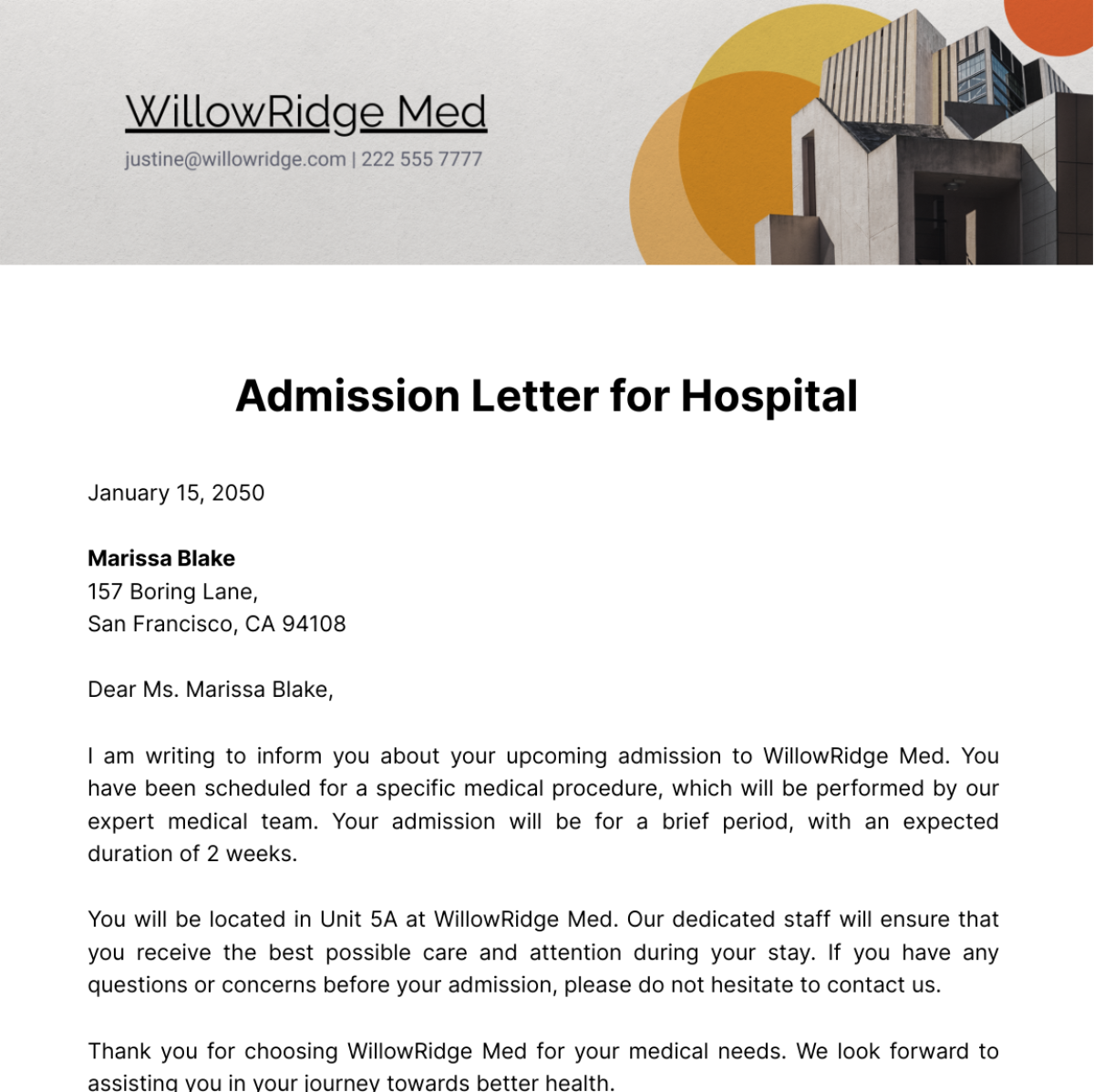 Admission Letter for Hospital Template