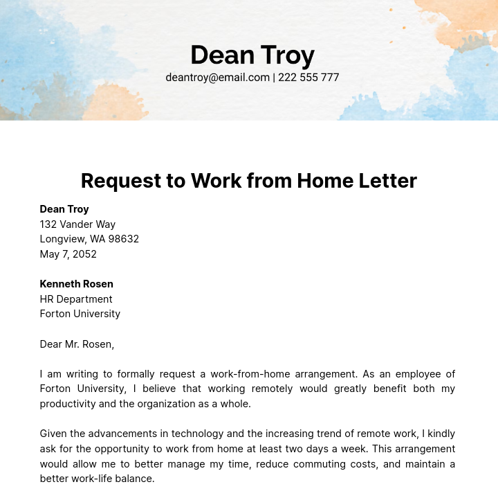 Request to Work from Home Letter   Template