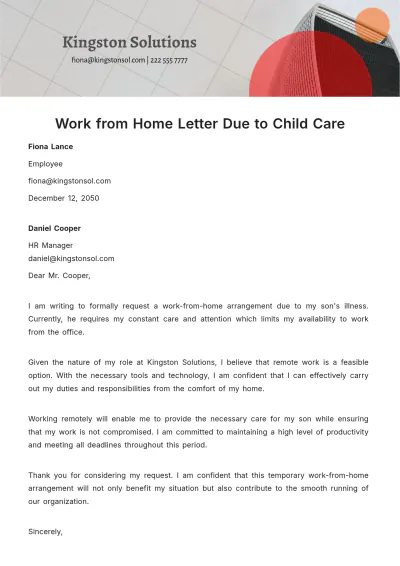 Free Work from Home Letter Due to Child Care   Template to Edit Online