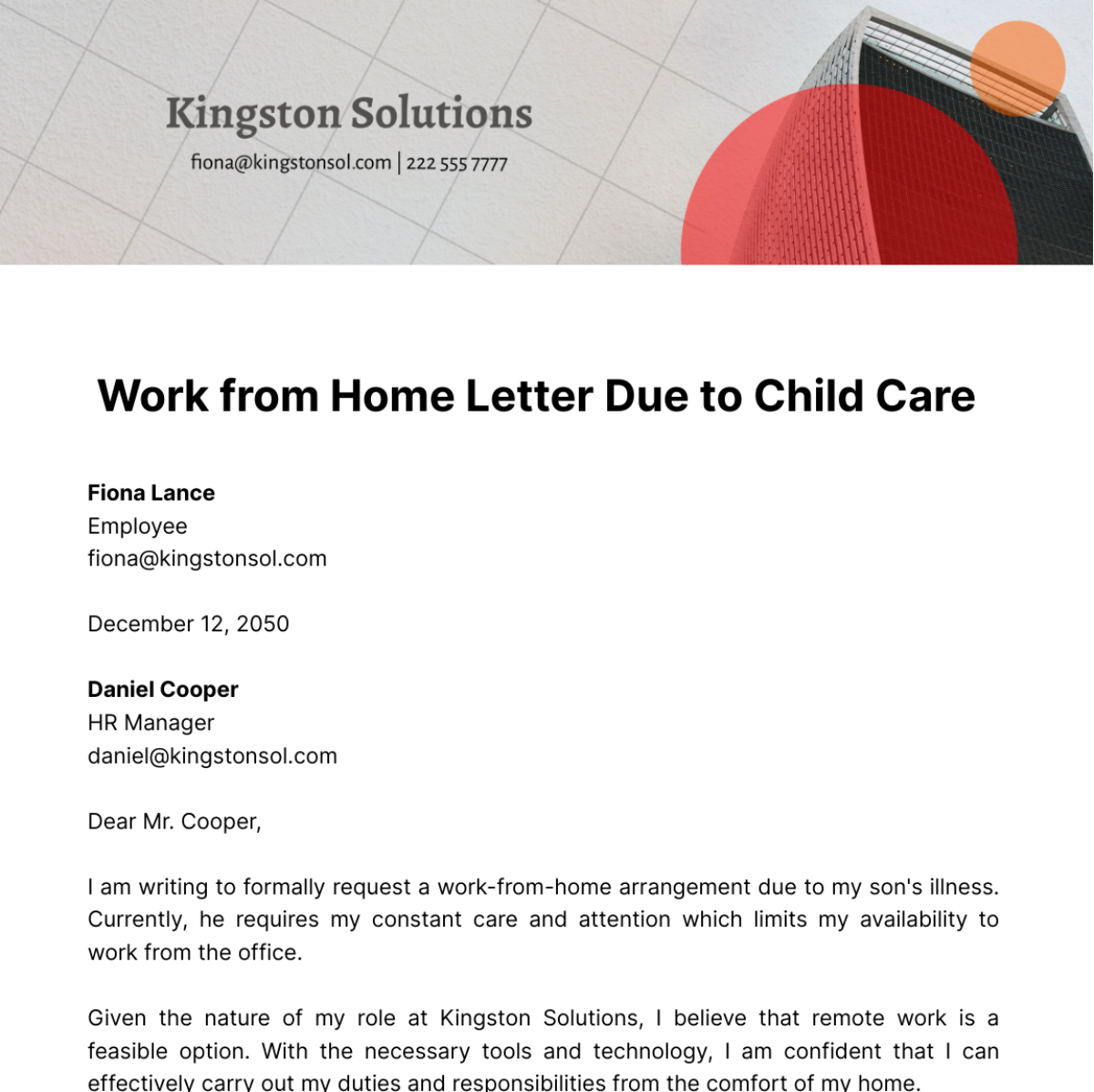 Work from Home Letter Due to Child Care   Template