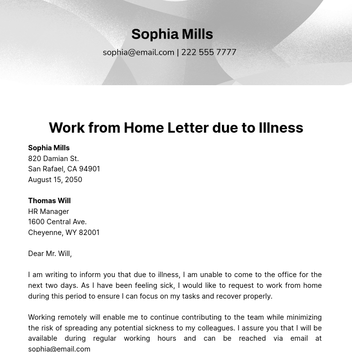 Work from Home Letter Due to Illness   Template