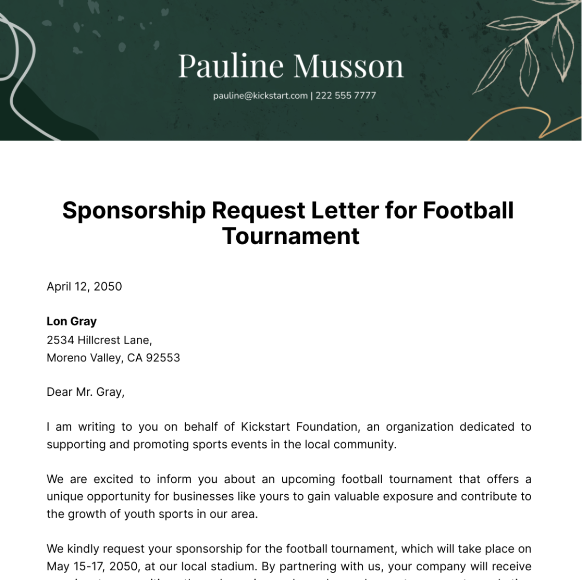 Sponsorship Request Letter for Football Tournament   Template