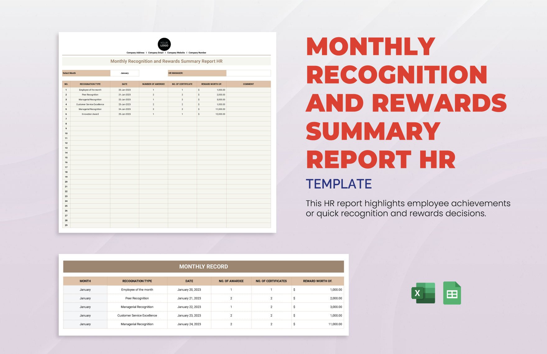 Monthly Recognition and Rewards Summary Report HR Template