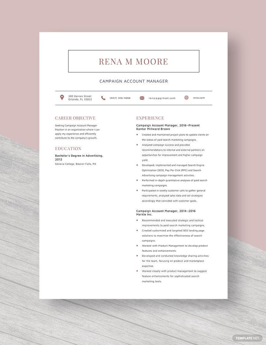 Free Campaign Account Manager Resume Template