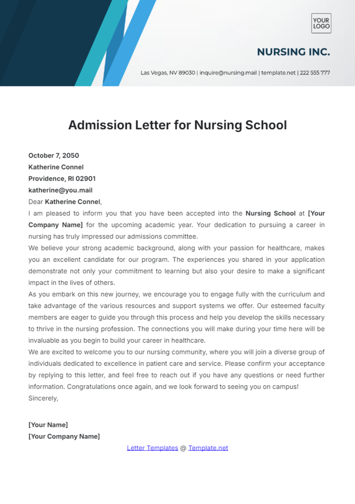 Admission Letter for Nursing School Template - Edit Online & Download