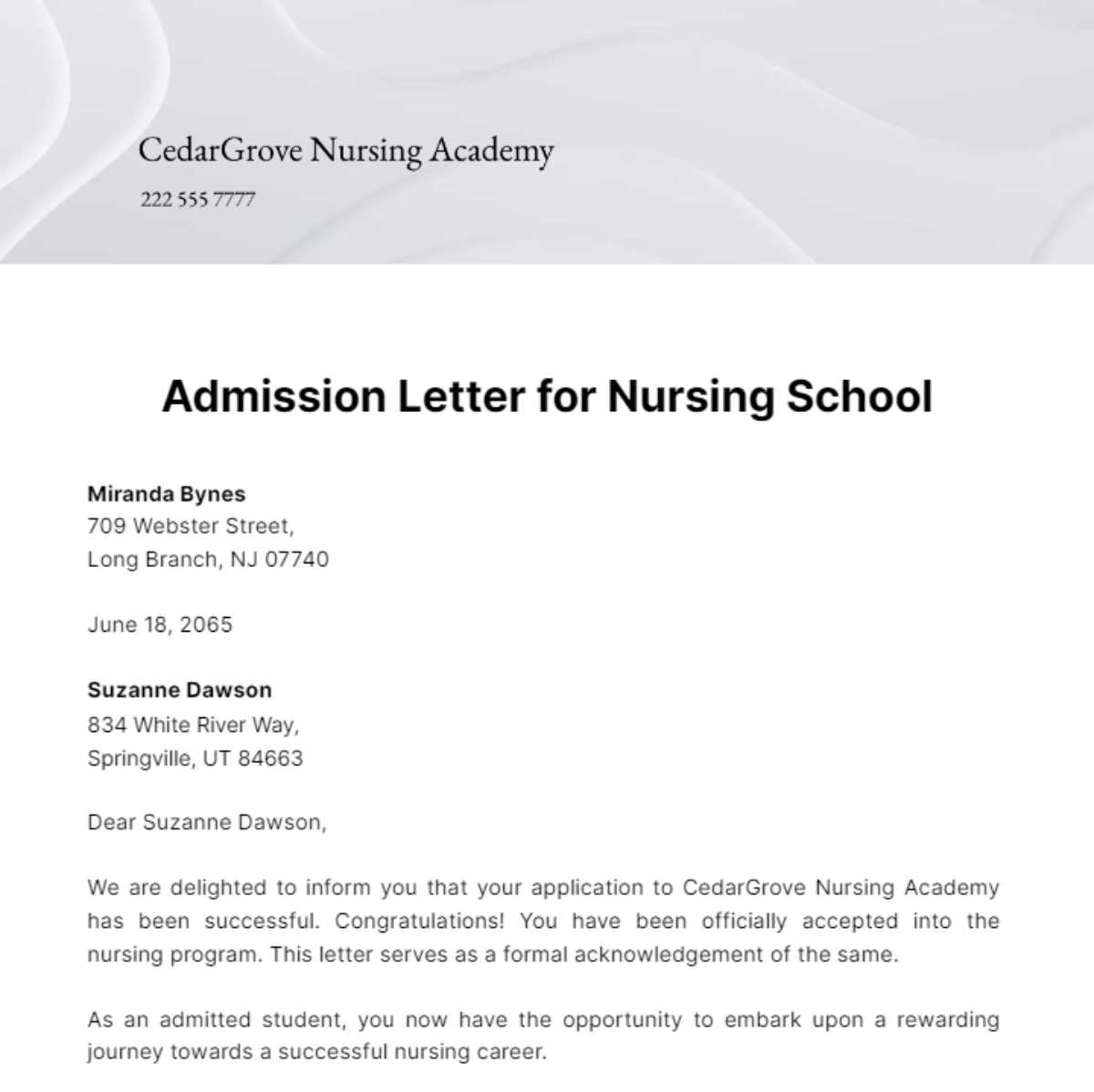 Free Admission Letter for Nursing School Template