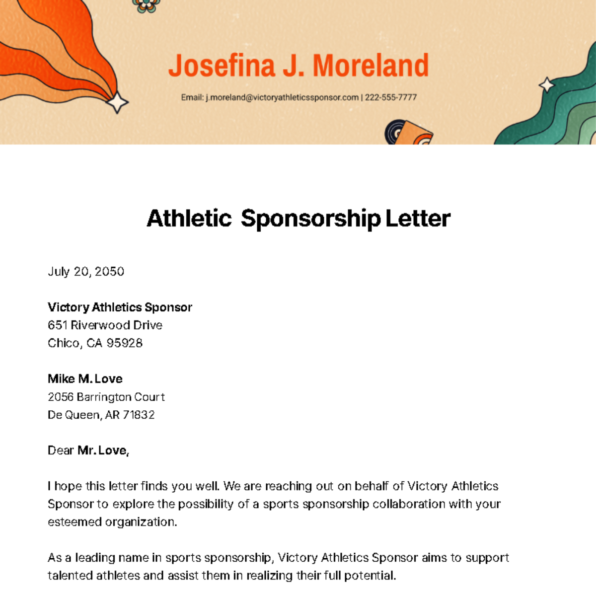 Free Athletic Sponsorship Letter   Template