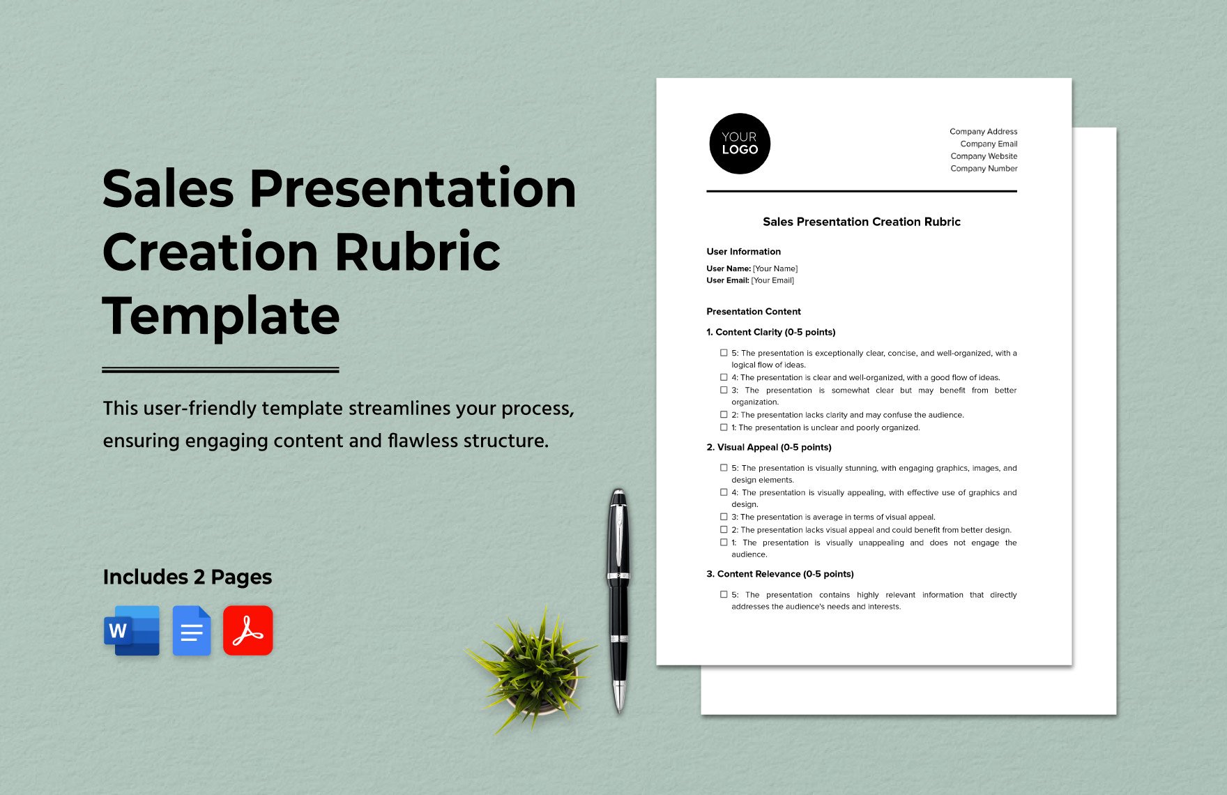Sales Presentation Creation Rubric Template in Word, Google Docs, PDF