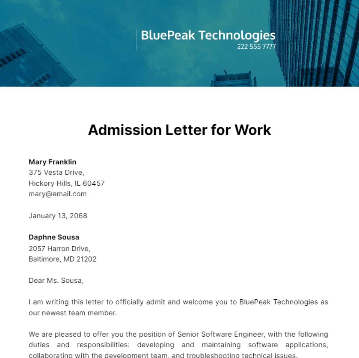 Free Admission Letter for Work Template