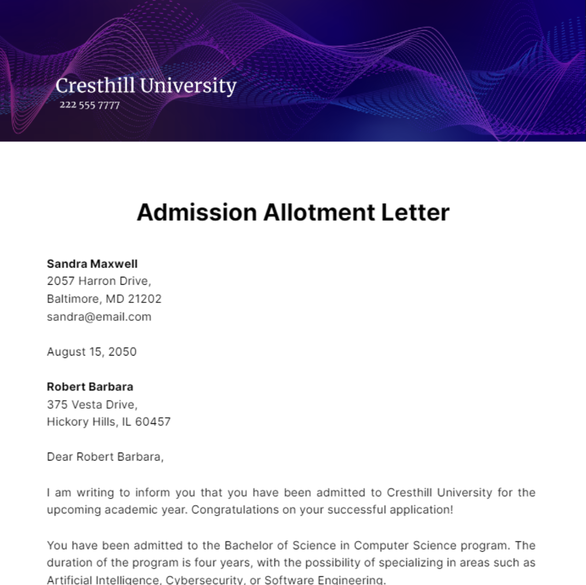 Free Admission Allotment Letter Template