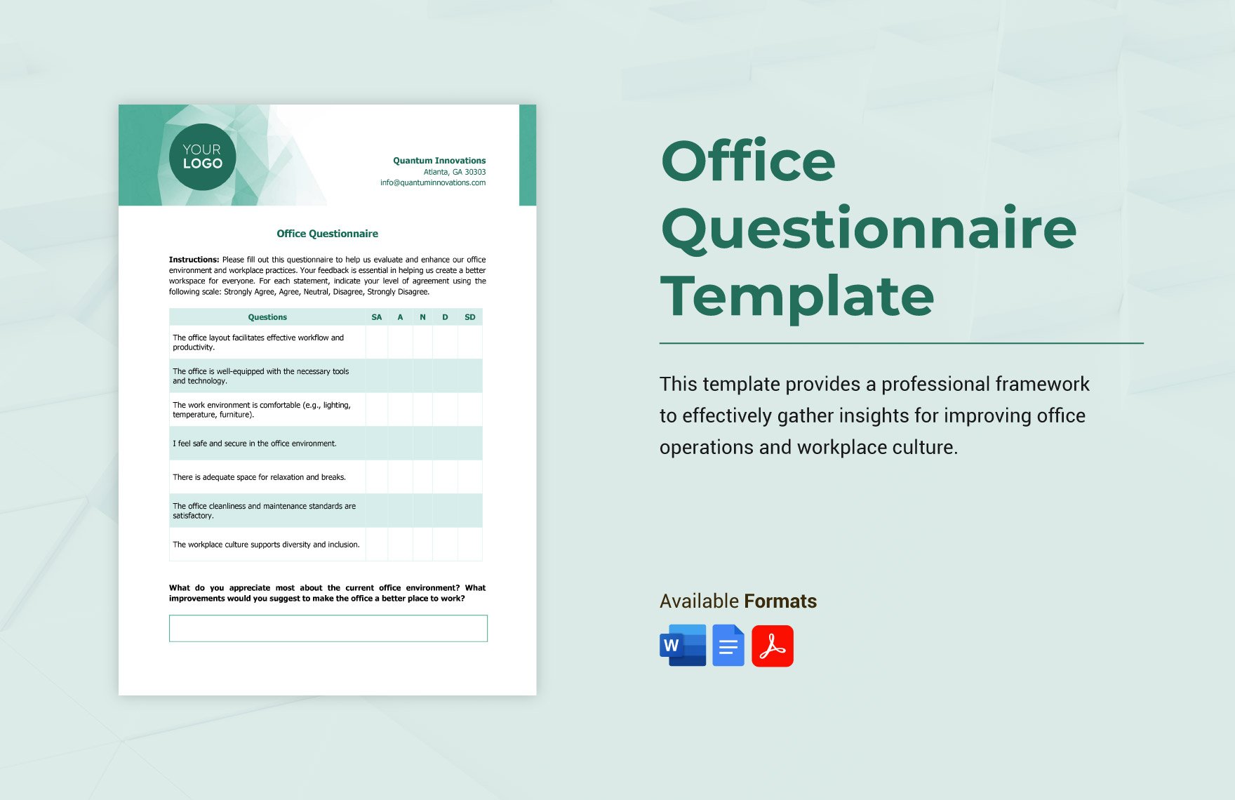 Free Office Questionnaire Template in Word, Google Docs, PDF