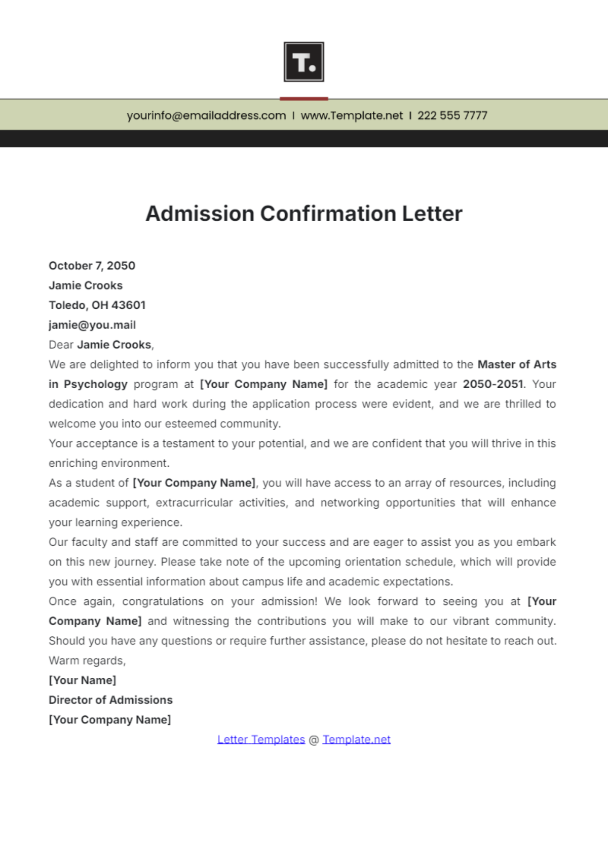 Admission Confirmation Letter Template - Edit Online & Download