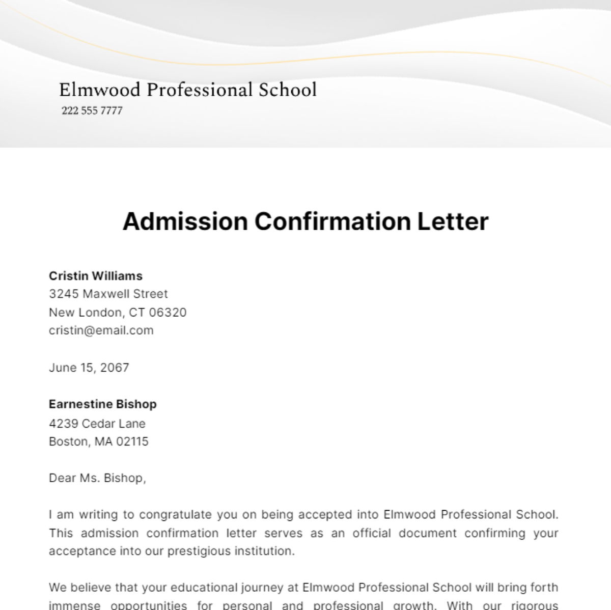 Free Admission Confirmation Letter Template