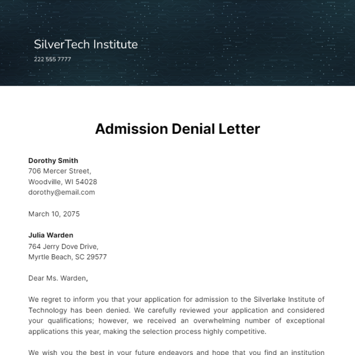 Free Admission Denial Letter Template
