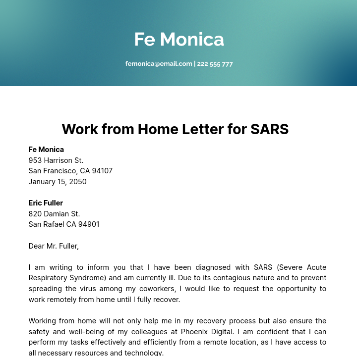 Work from Home Letter for SARS   Template