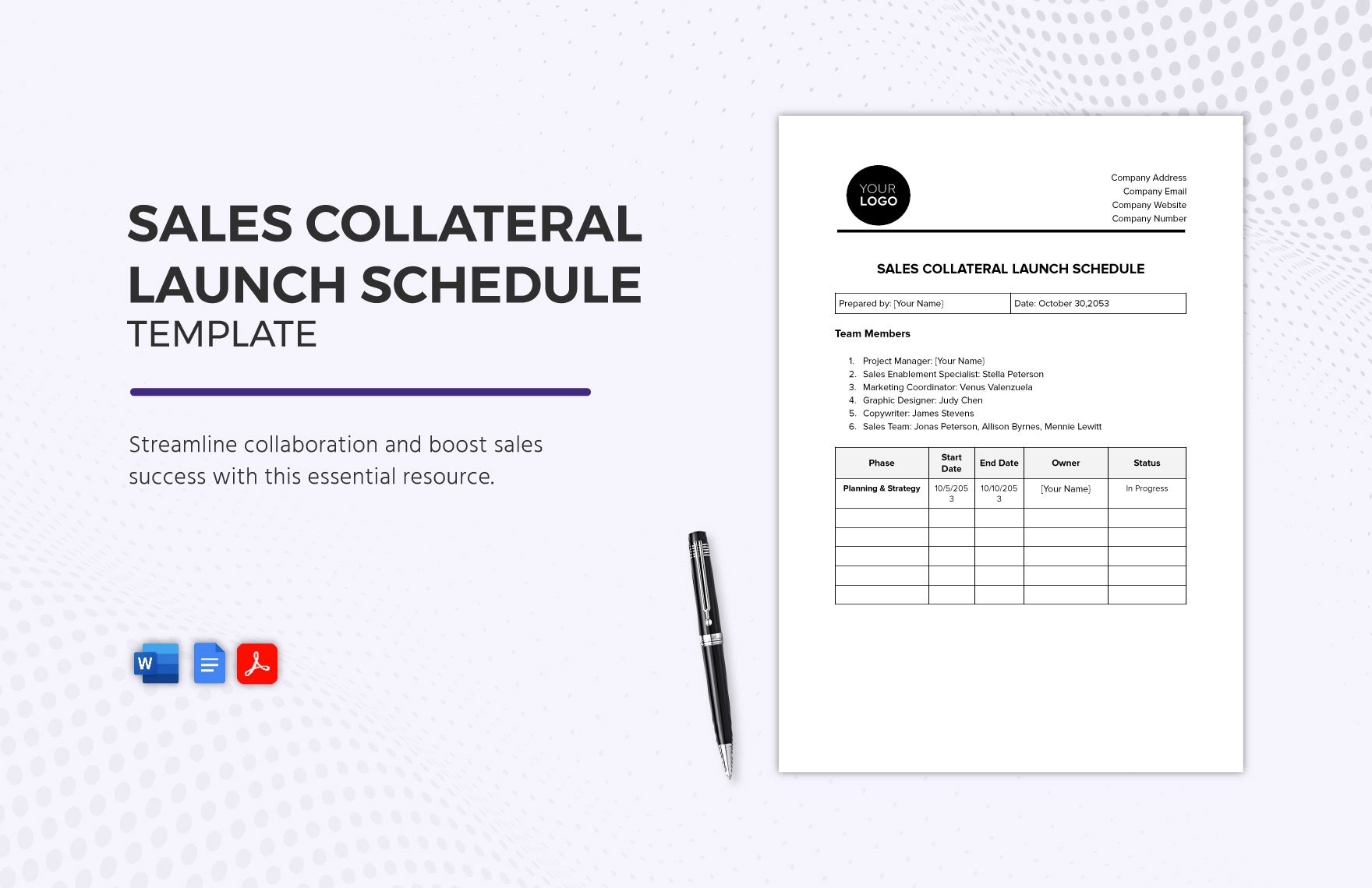 Sales Collateral Launch Schedule Template in Word, Google Docs, PDF