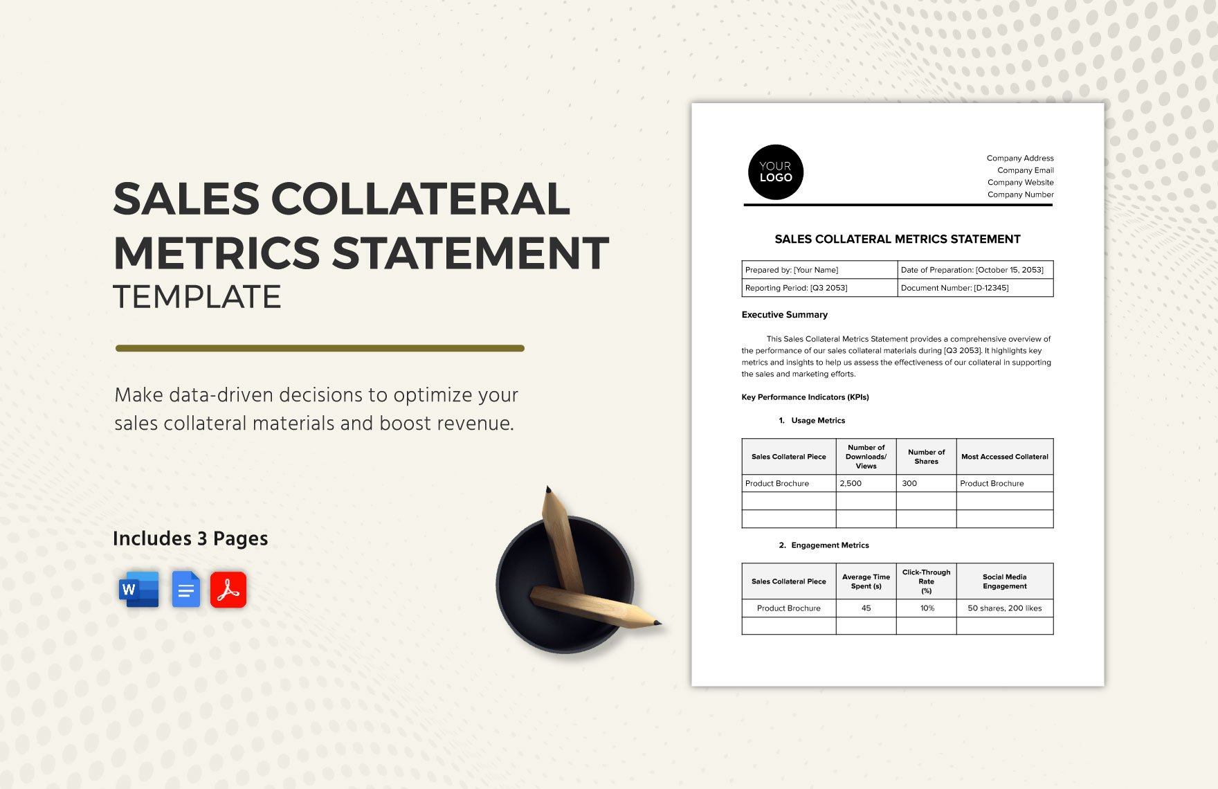 Sales Collateral Metrics Statement Template in Word, Google Docs, PDF
