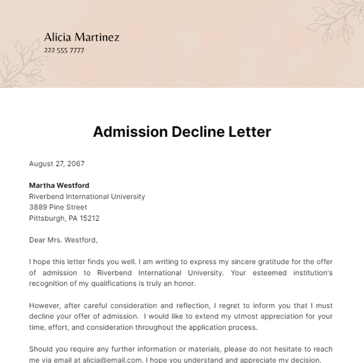 Free Admission Decline Letter Template