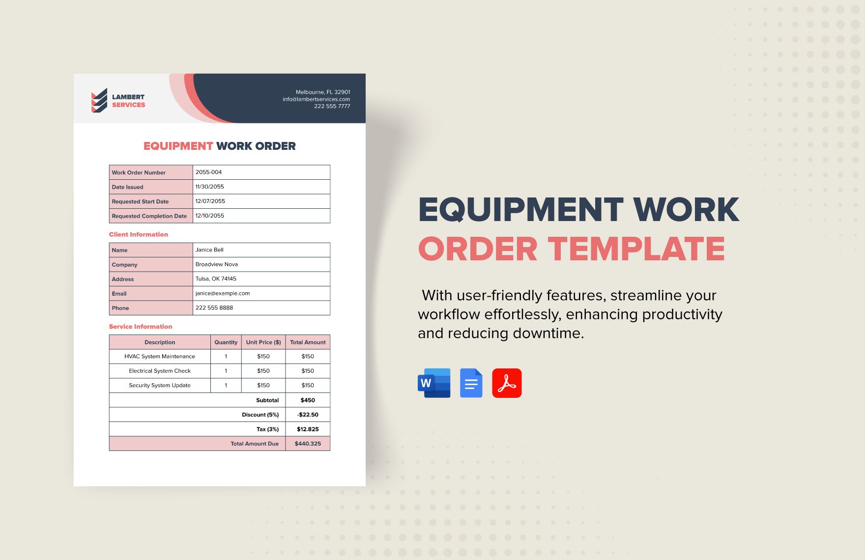 Equipment Work Order Template