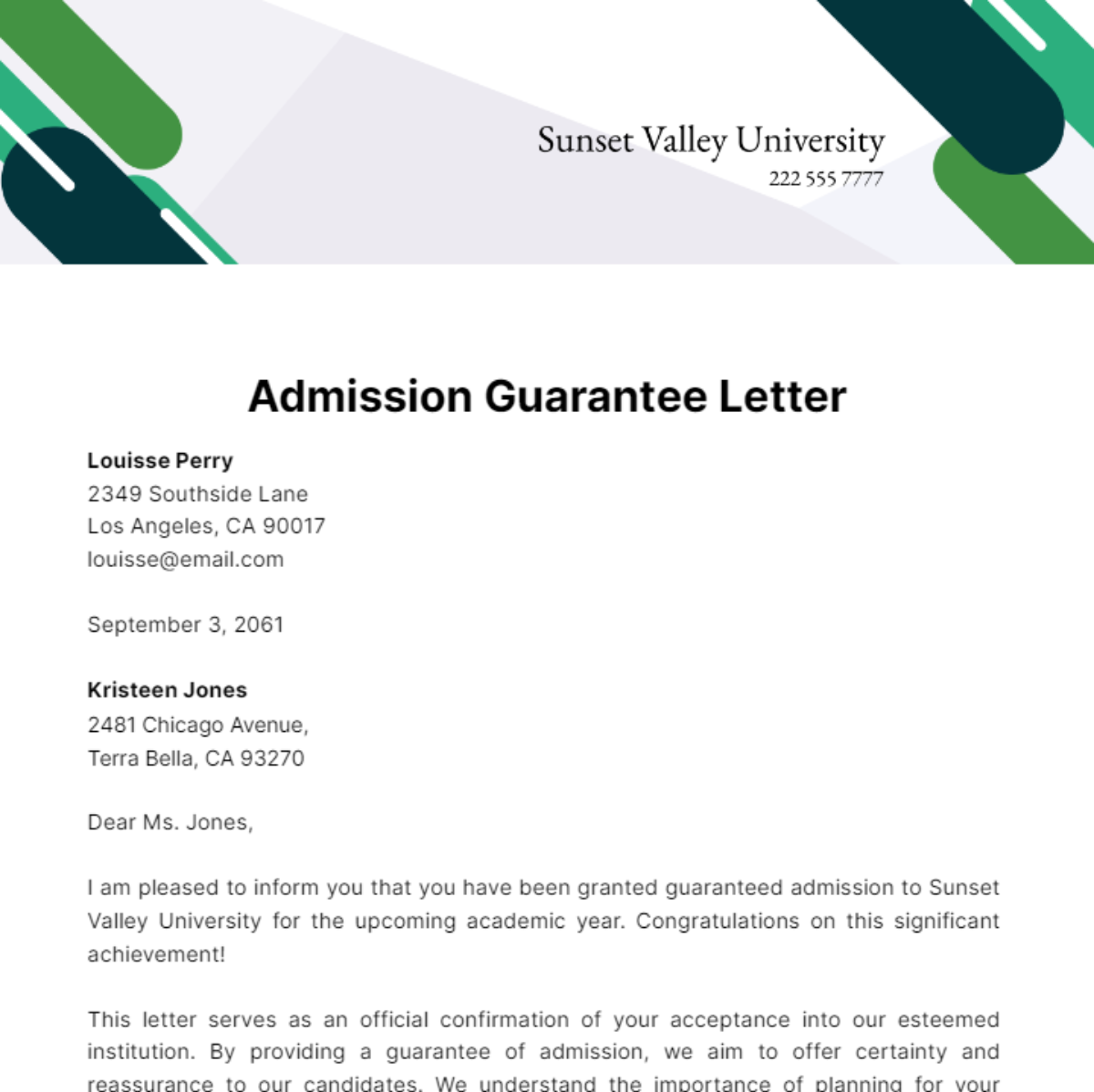 Free Admission Guarantee Letter Template