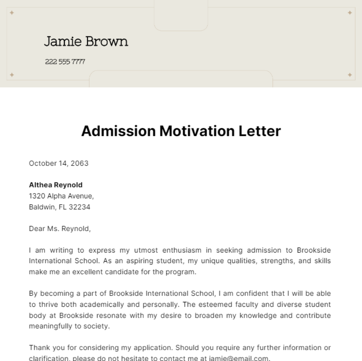 Free Admission Motivation Letter Template