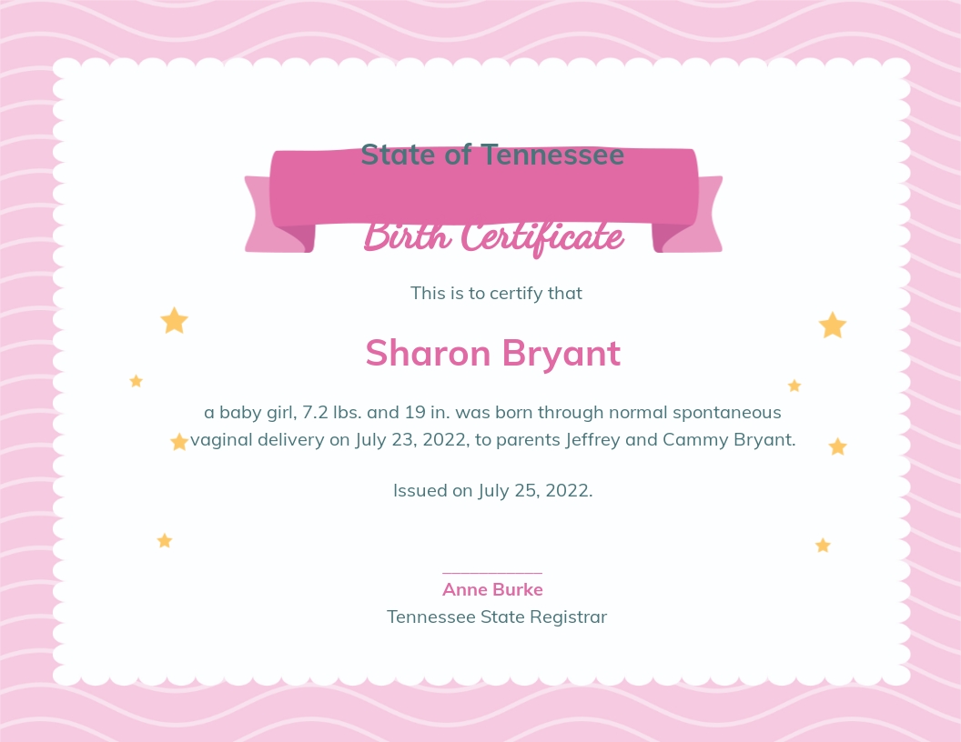 Girl Birth Certificate Template - Illustrator, Word, Apple Pages Inside Girl Birth Certificate Template