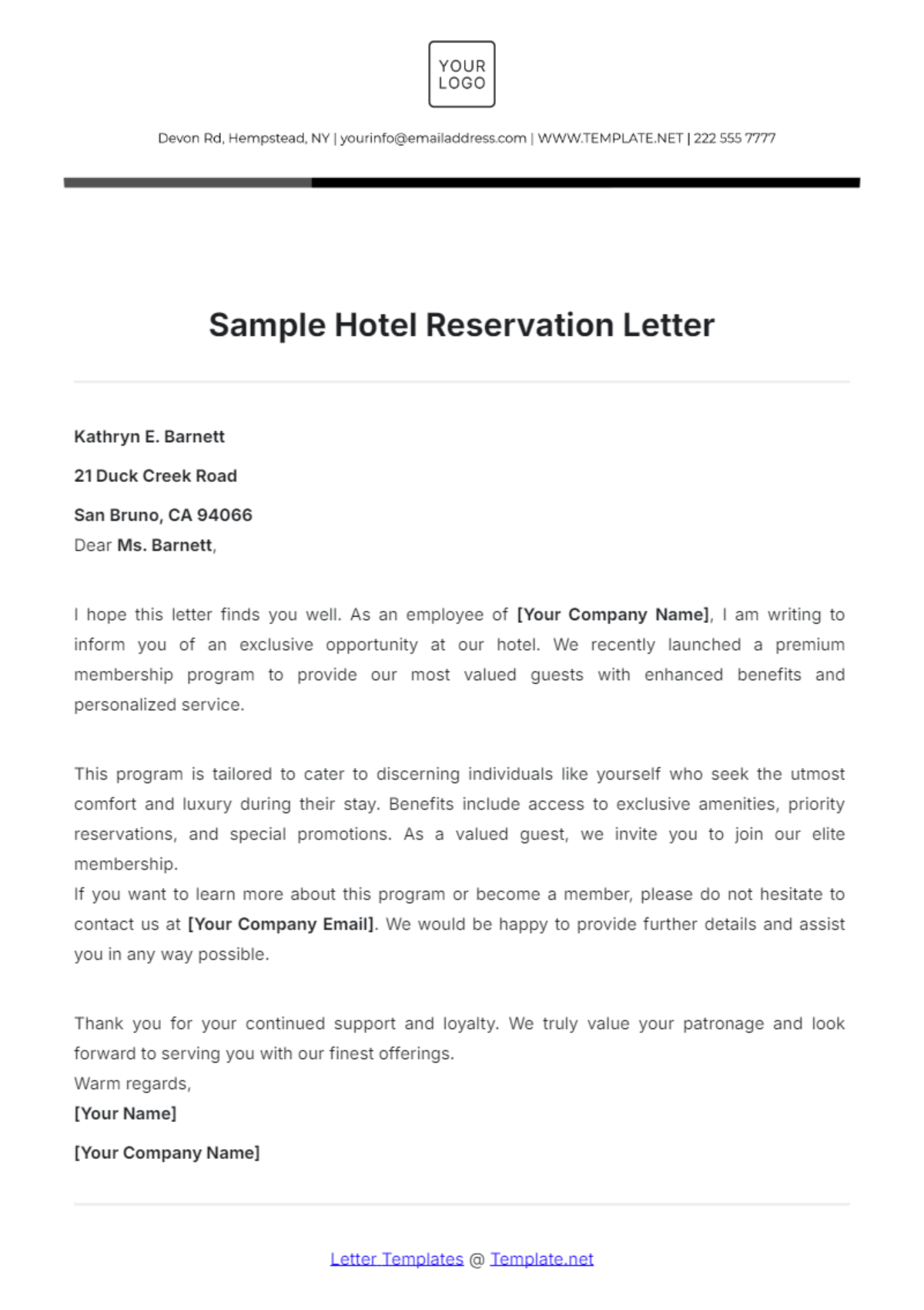 Sample Hotel Reservation Letter Template - Edit Online & Download