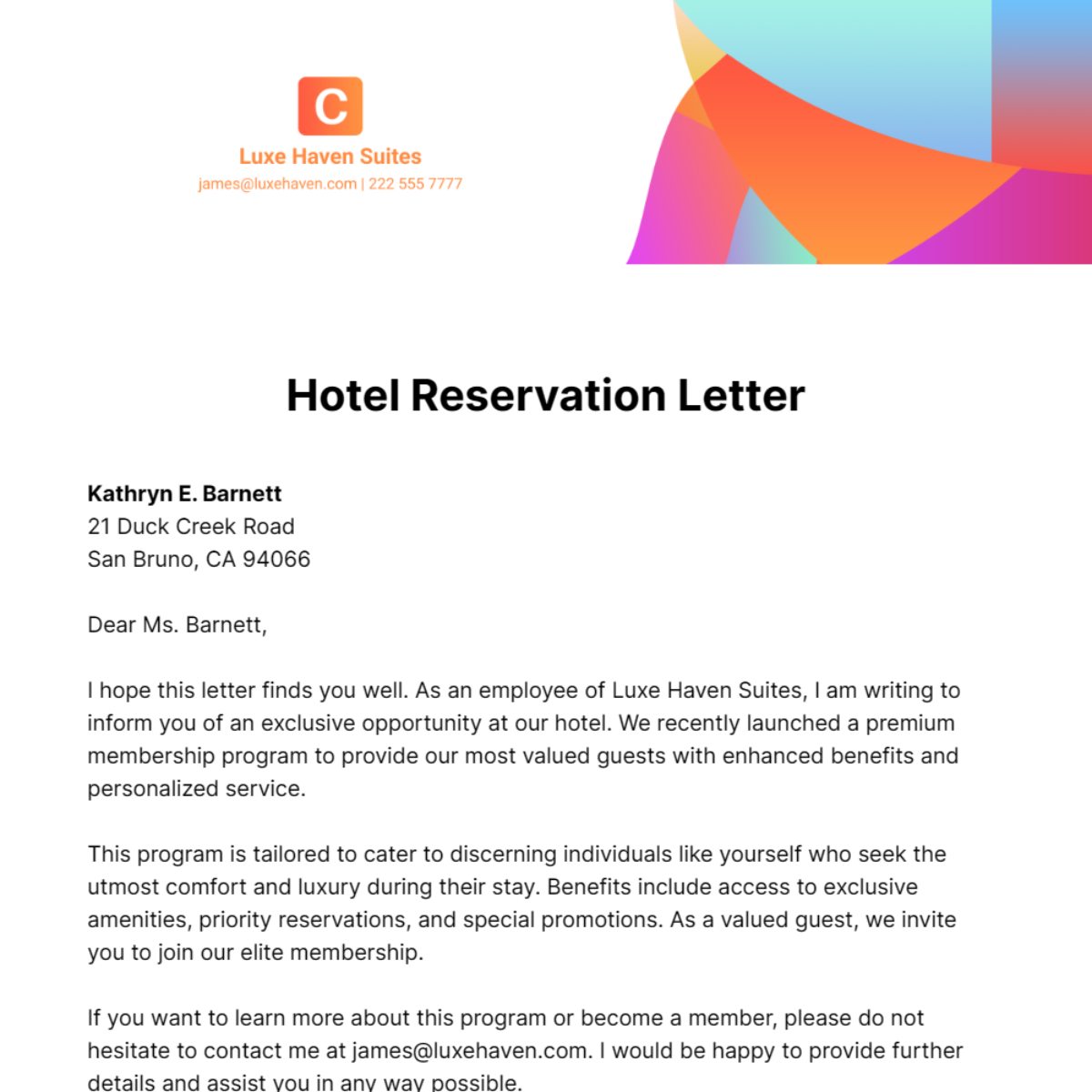 Hotel Reservation Letter Template