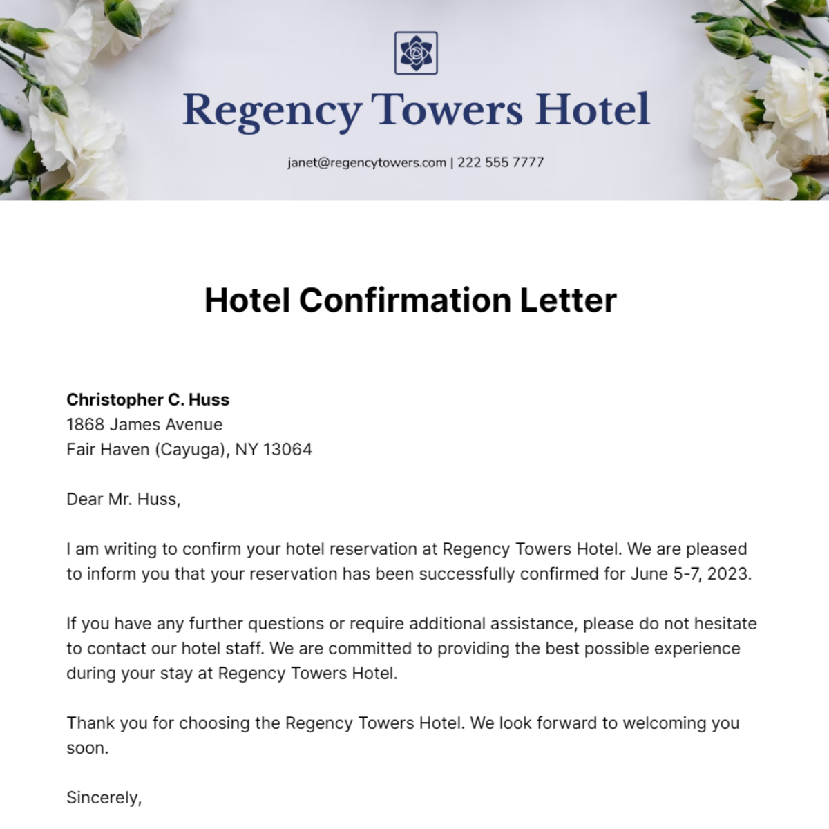 Hotel Confirmation Letter Template