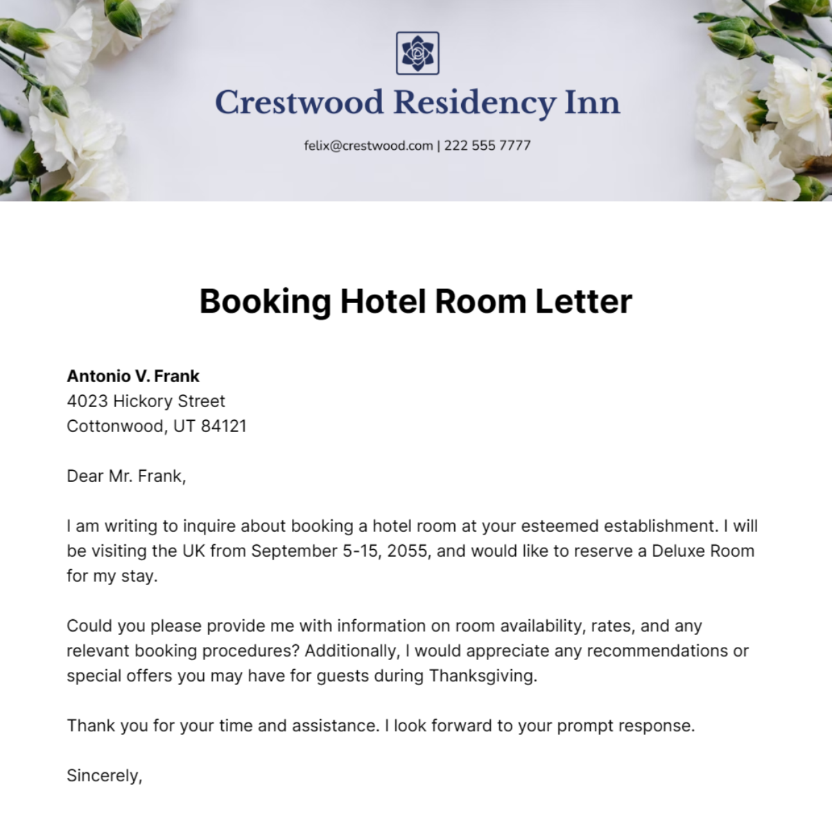 Booking Hotel Room Letter Template