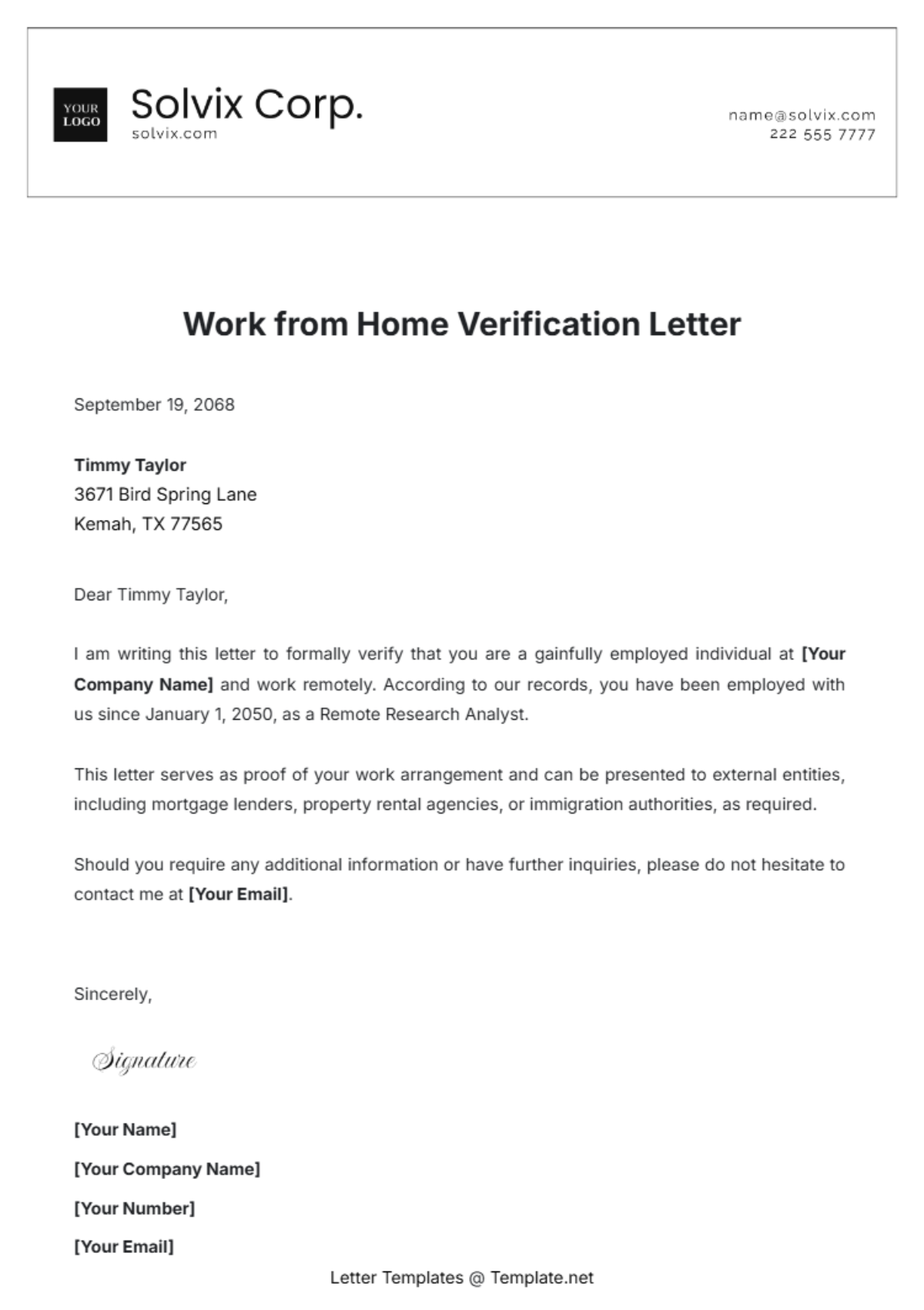 Work from Home Verification Letter Template