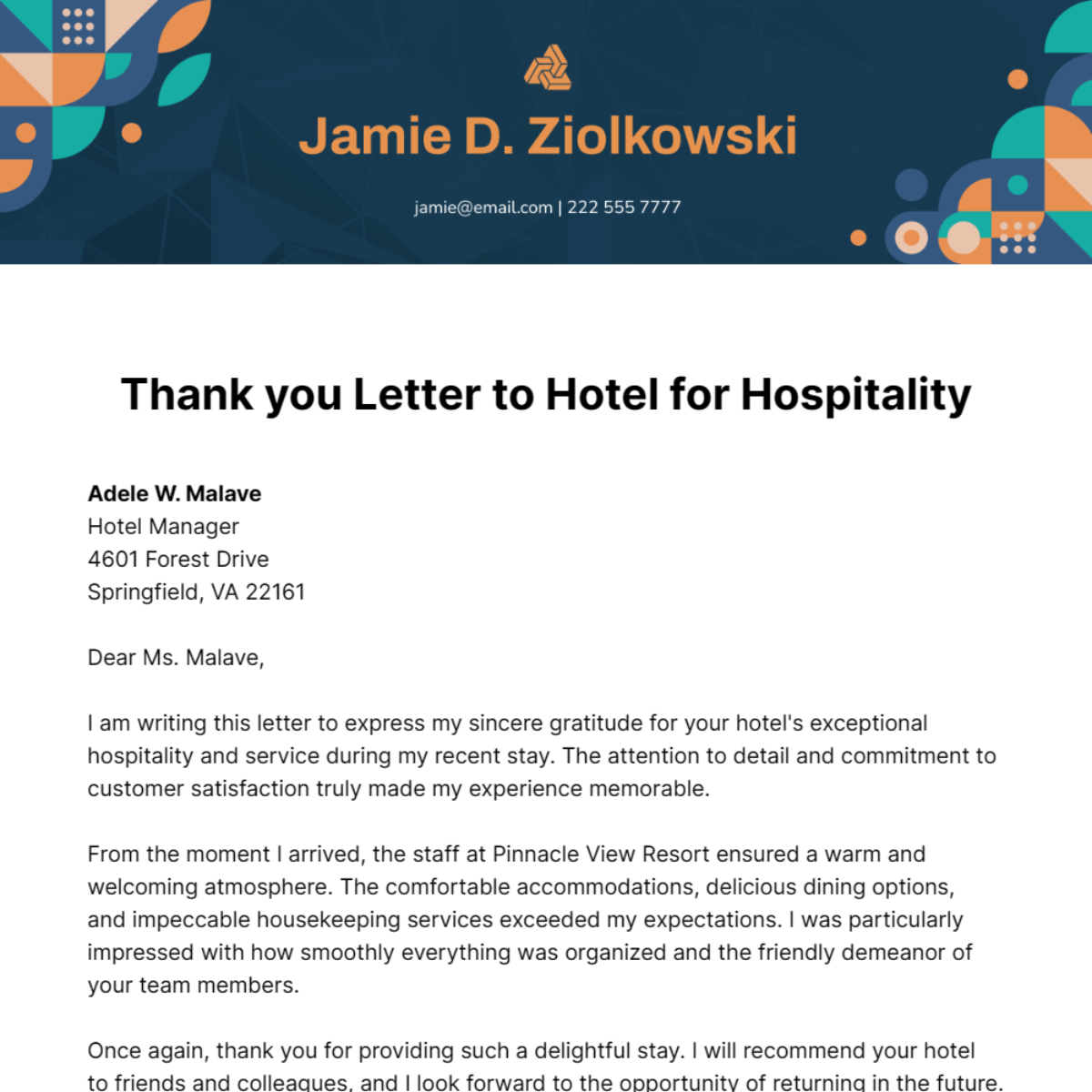 Thank you Letter to Hotel for Hospitality Template
