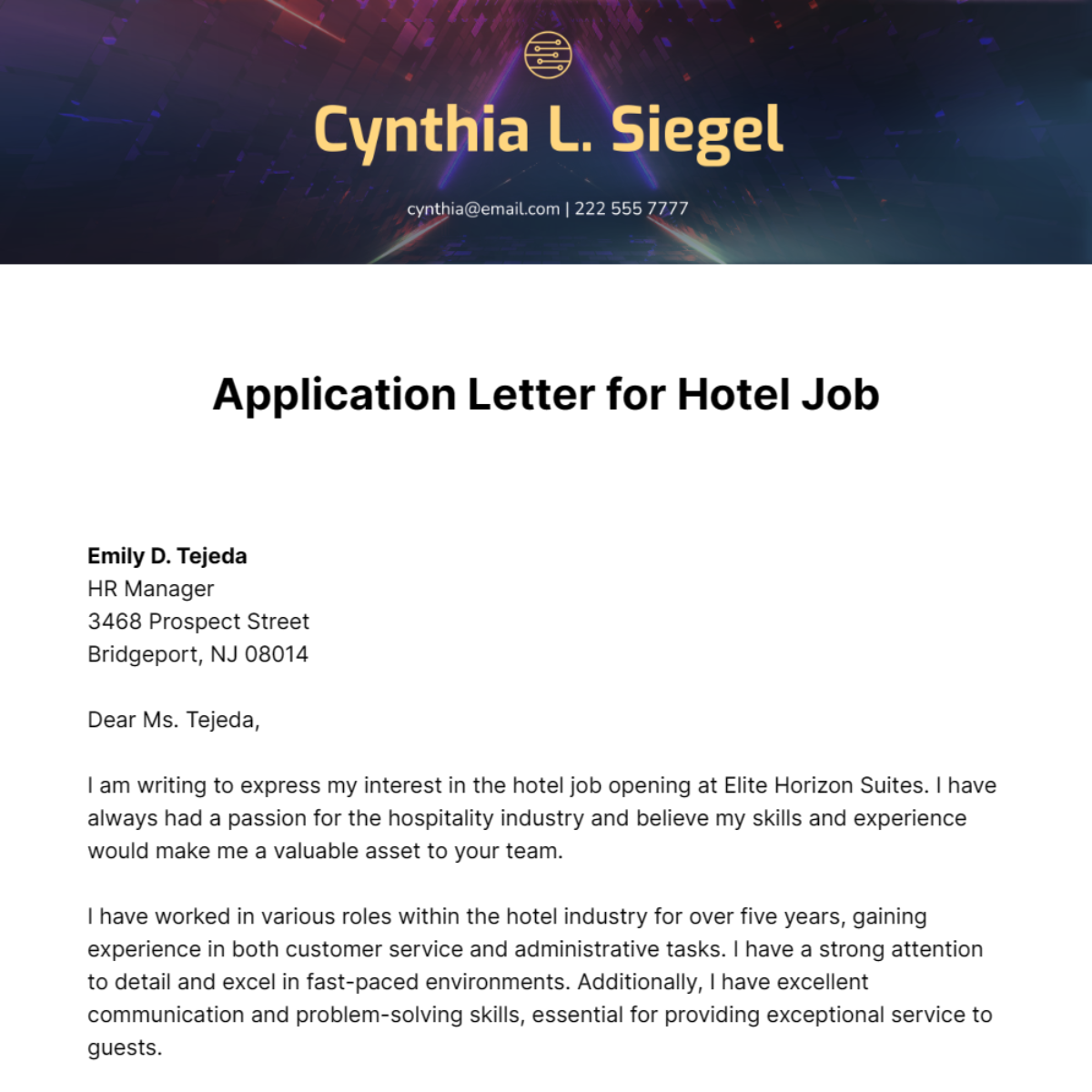Application Letter for Hotel Job Template
