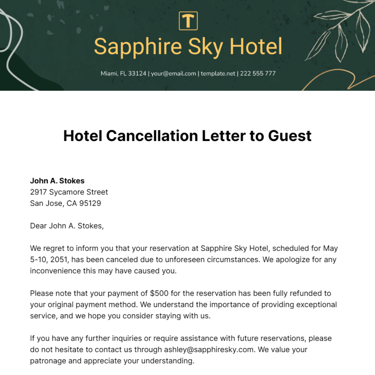 Hotel Cancellation Letter to Guest Template