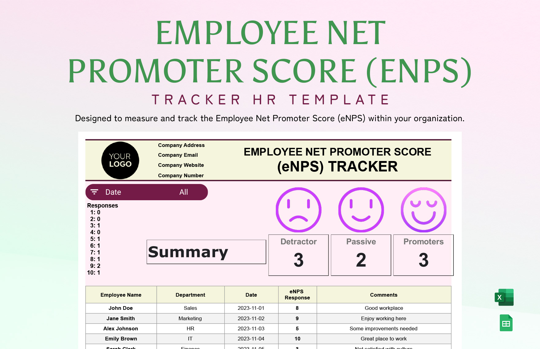 Employee Net Promoter Score (eNPS) Tracker HR Template in Excel, Google Sheets