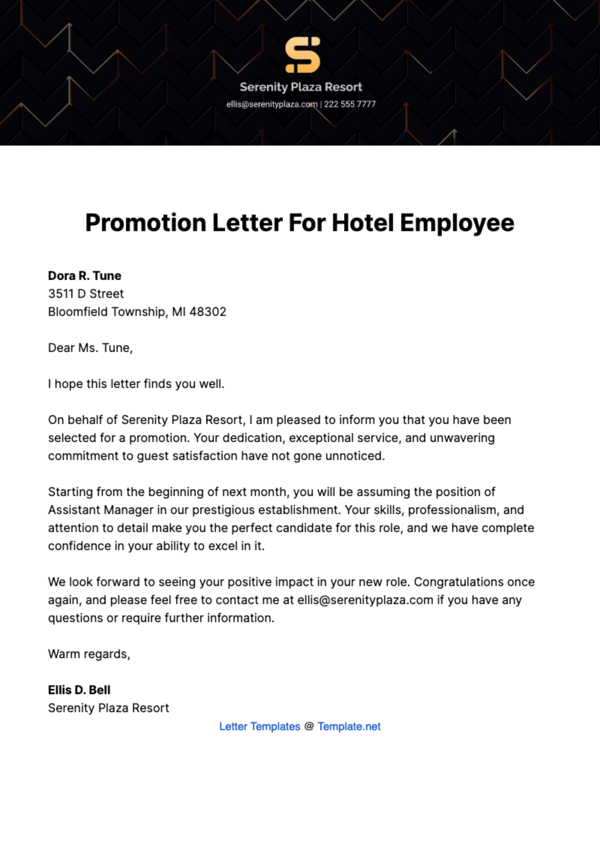 Free Promotion Letter for Hotel Employee Template