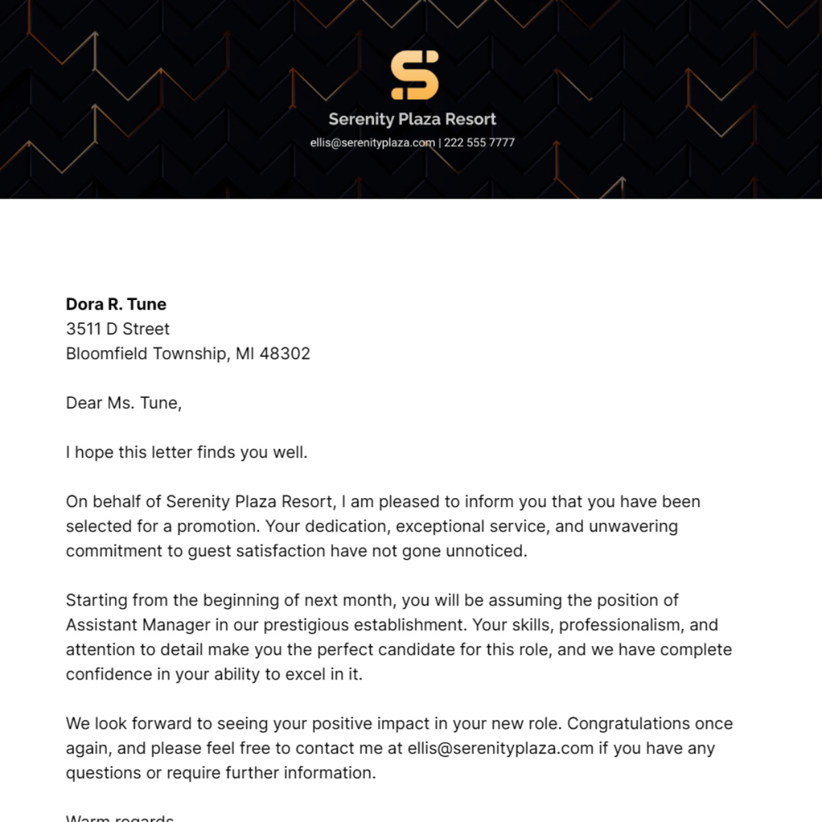 Promotion Letter for Hotel Employee Template