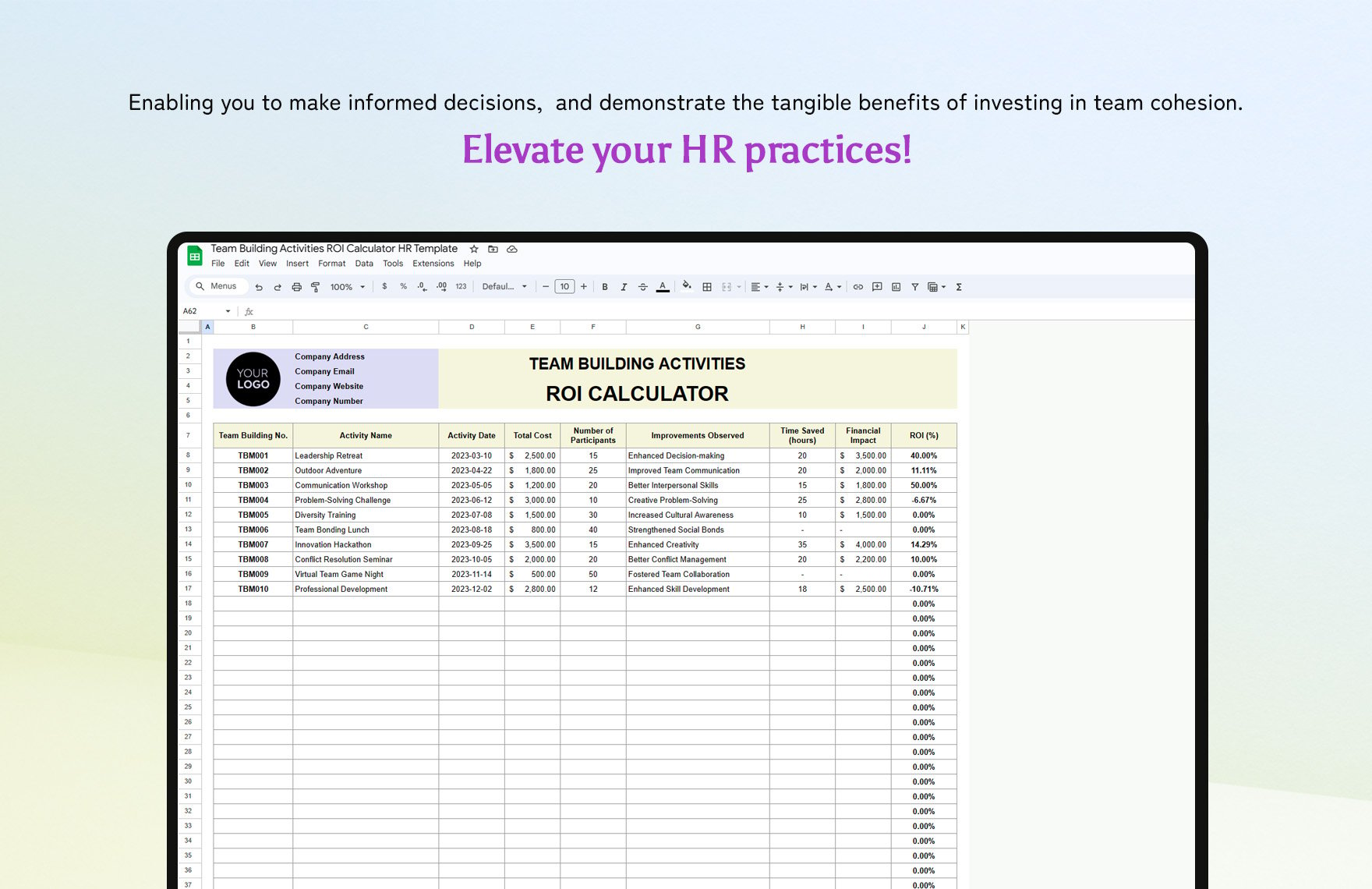 Team Building Activities ROI Calculator HR Template