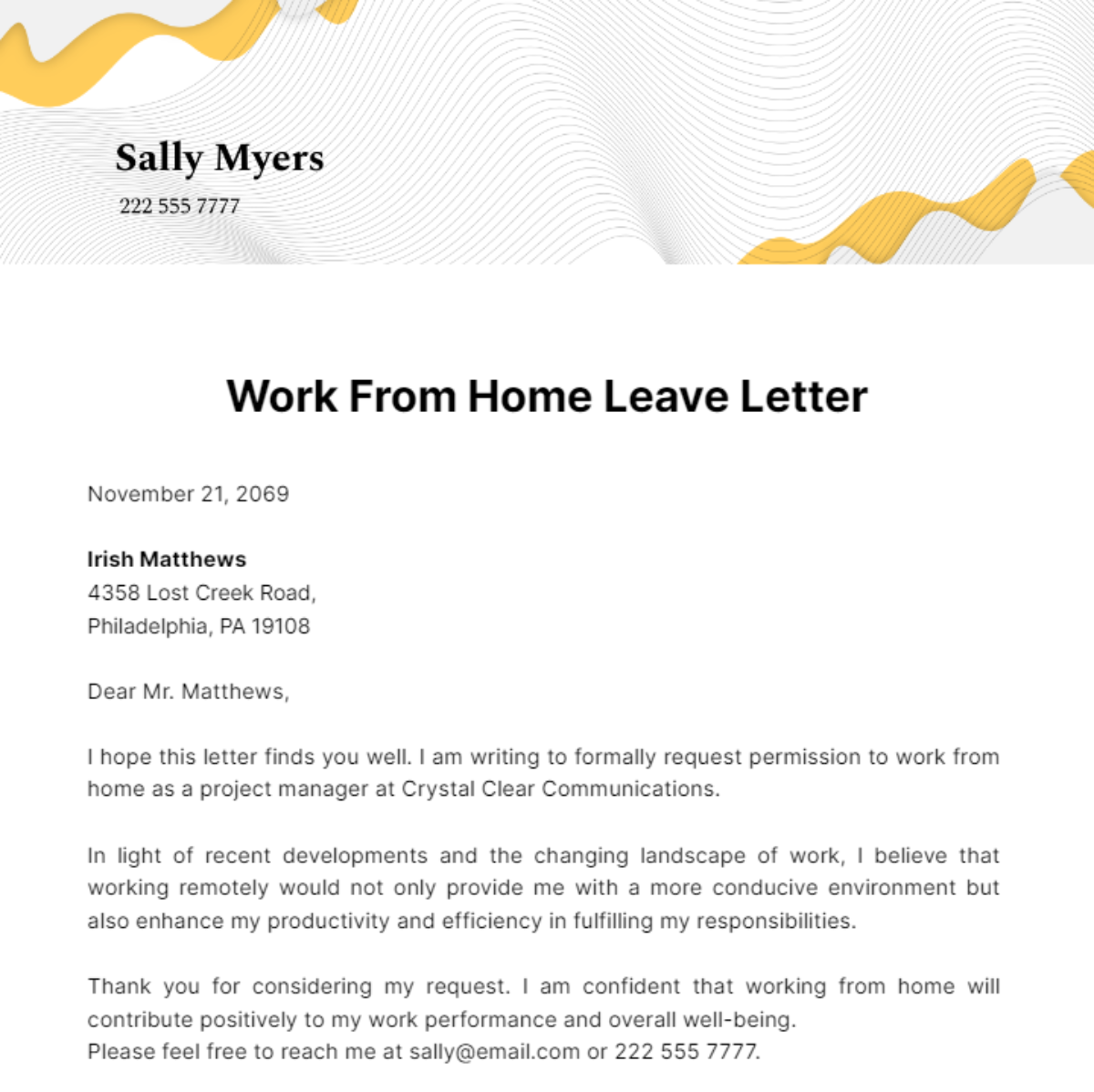 Work from Home Leave Letter Template