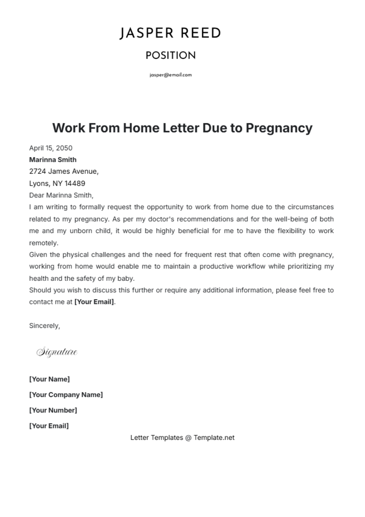 Work from Home Letter Due to Pregnancy Template