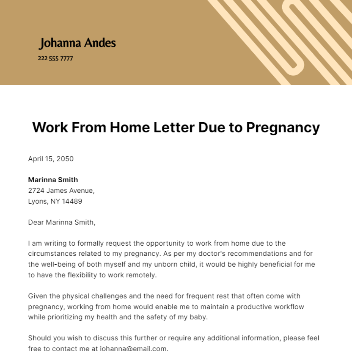 Work from Home Letter Due to Pregnancy Template