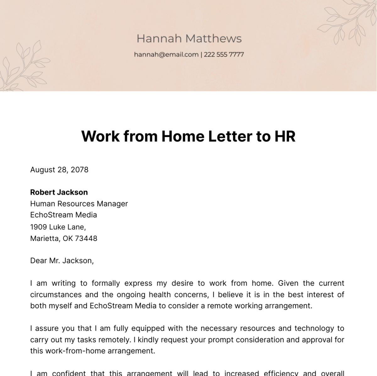Work from Home Letter to HR  Template