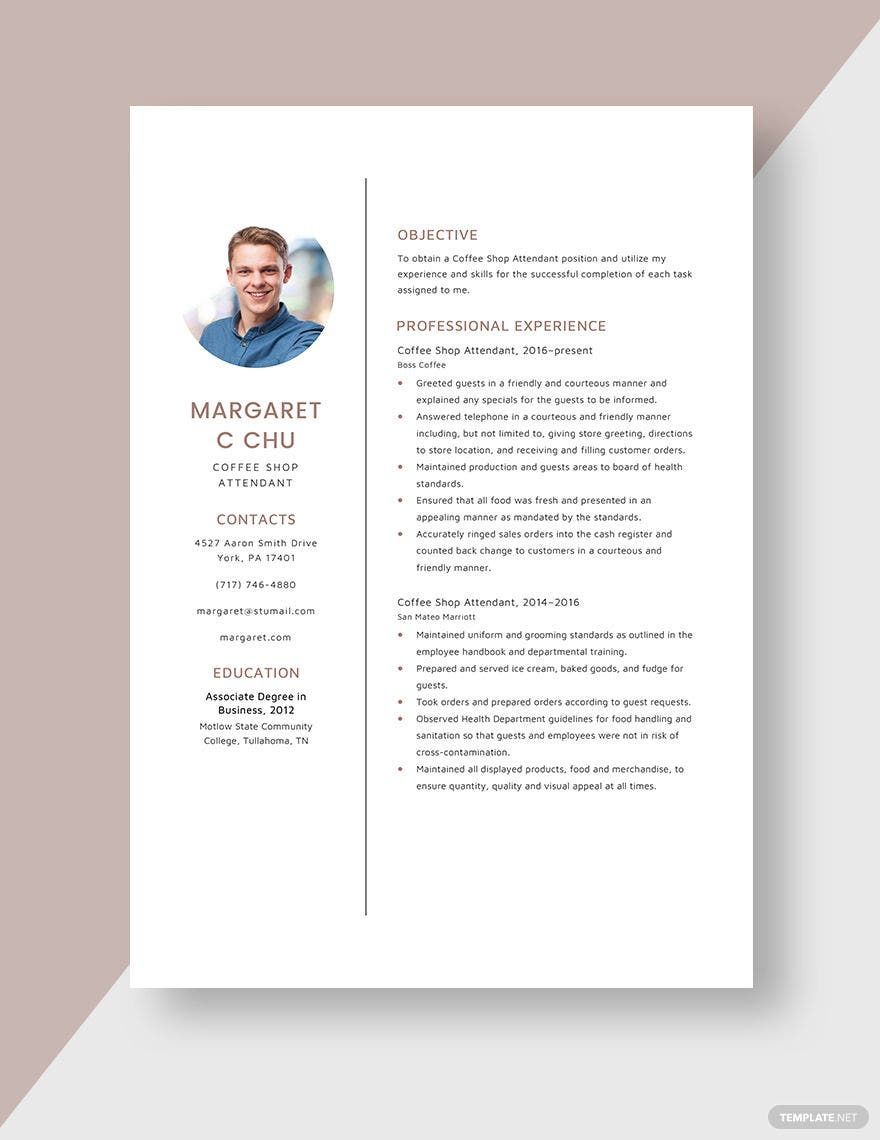 Coffee Shop Attendant Resume in Word, Apple Pages