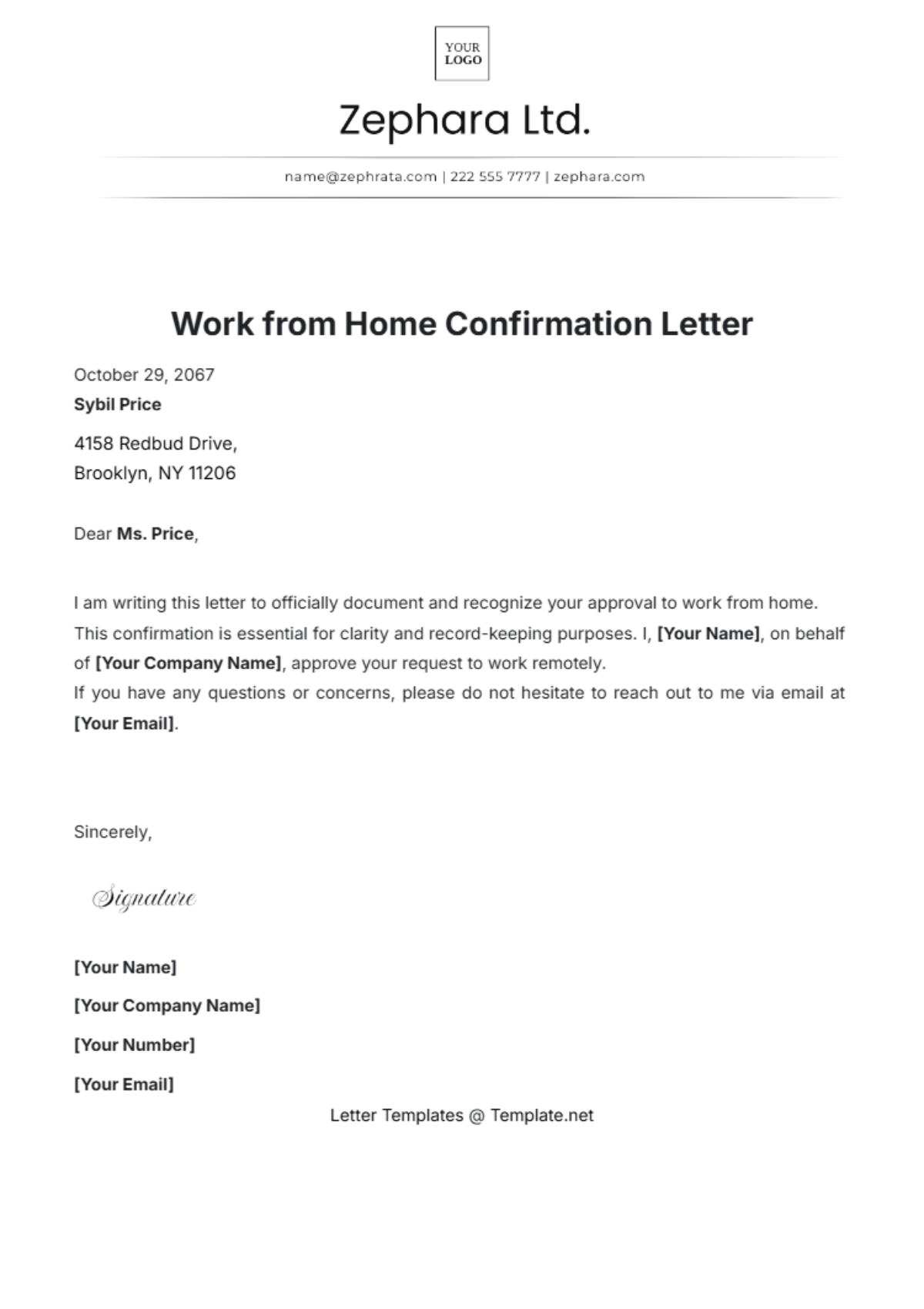 Work from Home Confirmation Letter Template