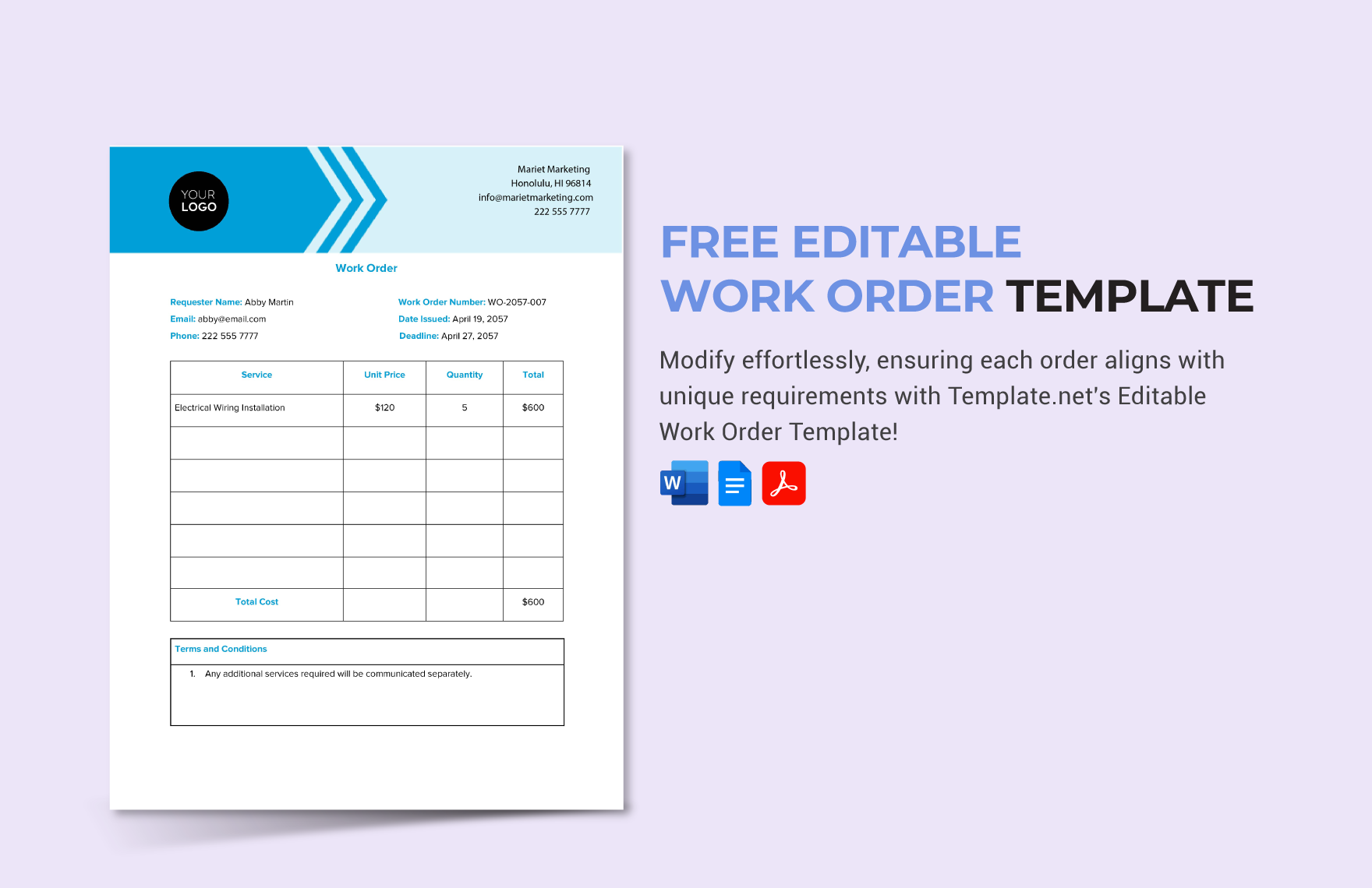 Editable Work Order Template