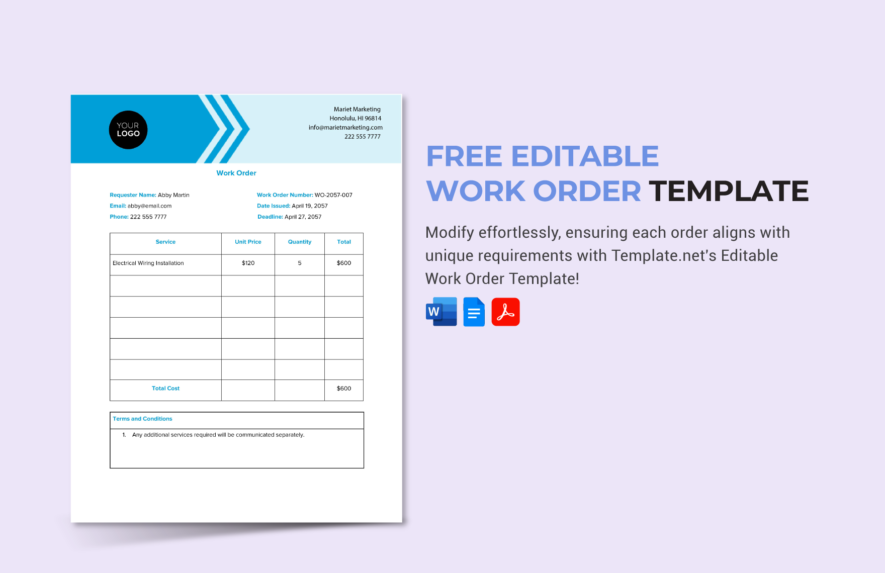 Free Editable Work Order Template