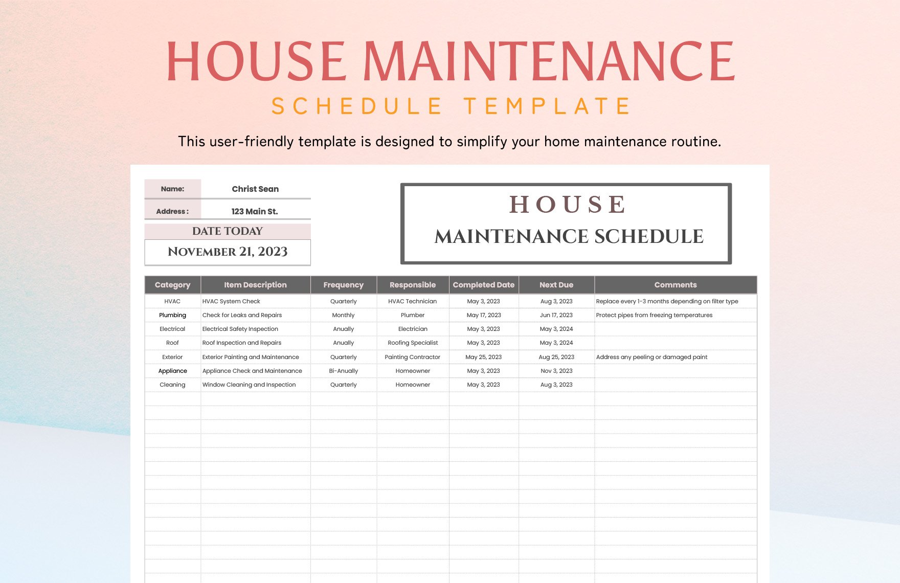 Free House Maintenance Schedule Template in Excel, Google Sheets