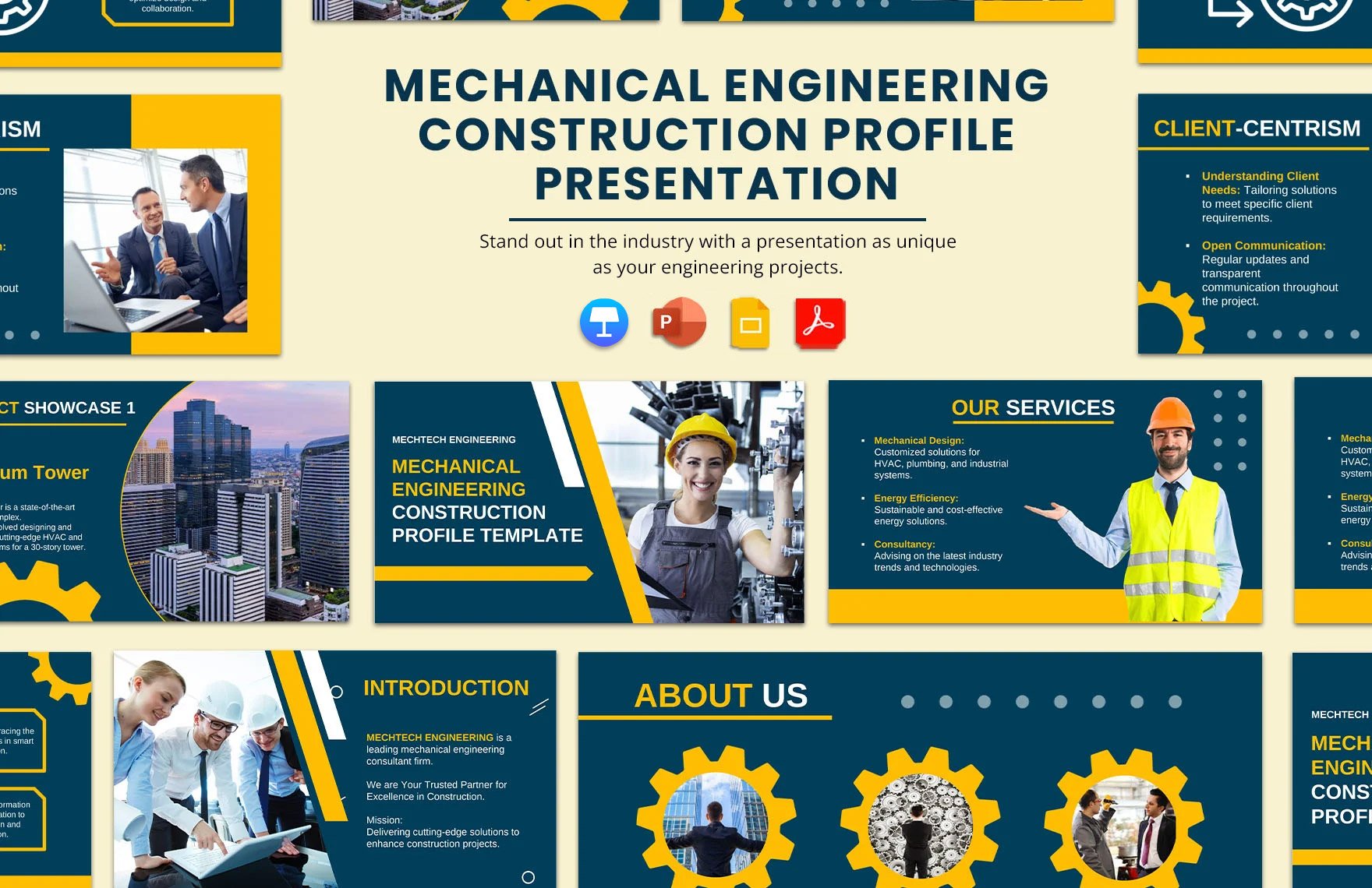 Mechanical Engineering Construction Profile Template in PDF, PowerPoint, Google Slides, Apple Keynote