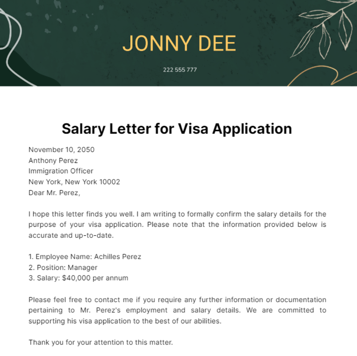 Free Salary Letter for Visa Application Template