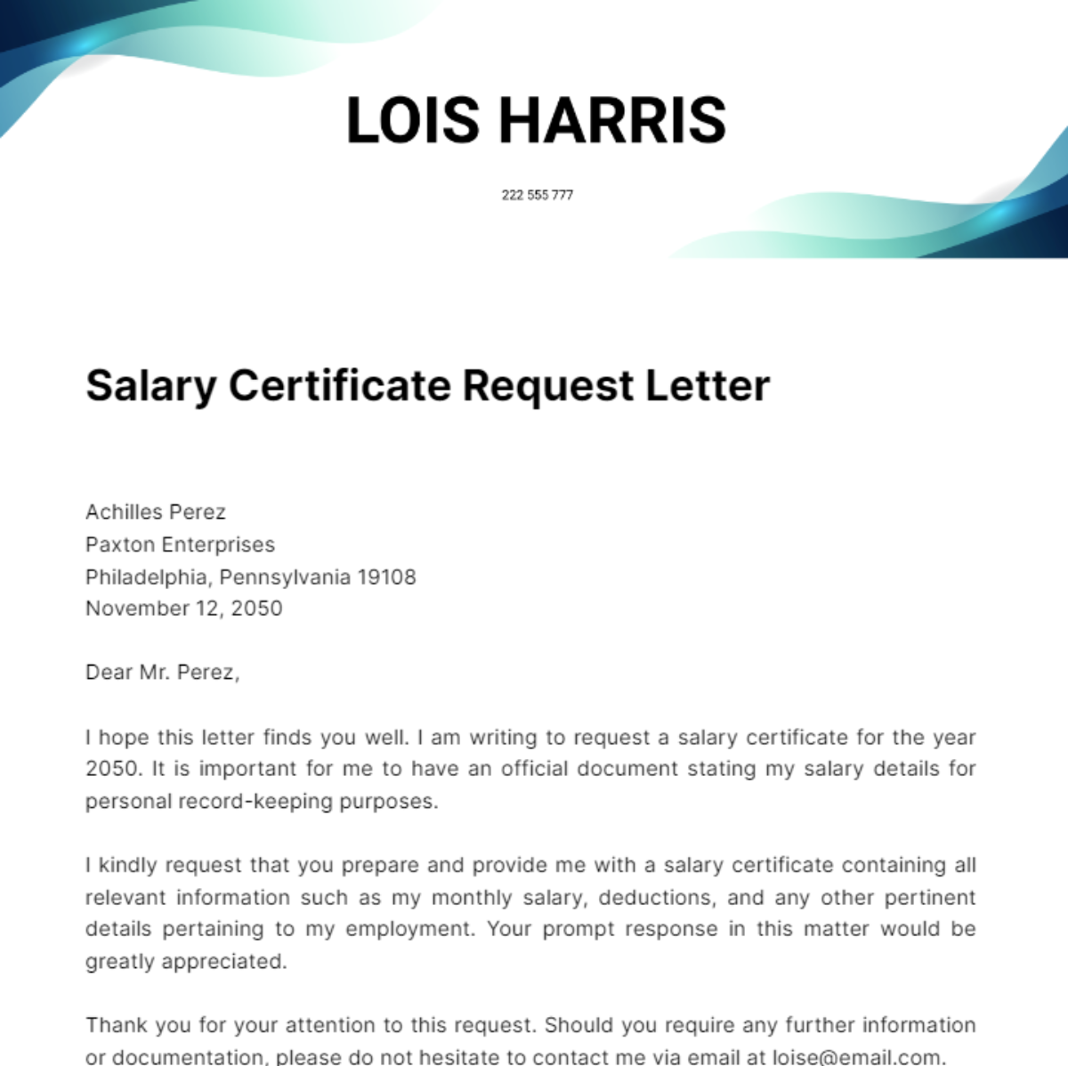 Free Salary Certificate Request Letter Template
